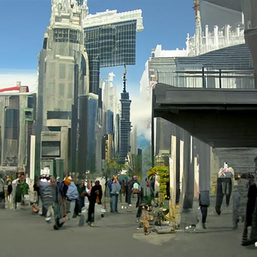 Cityscape from sidewalk level, skyscrapers, people walking on sidewalks