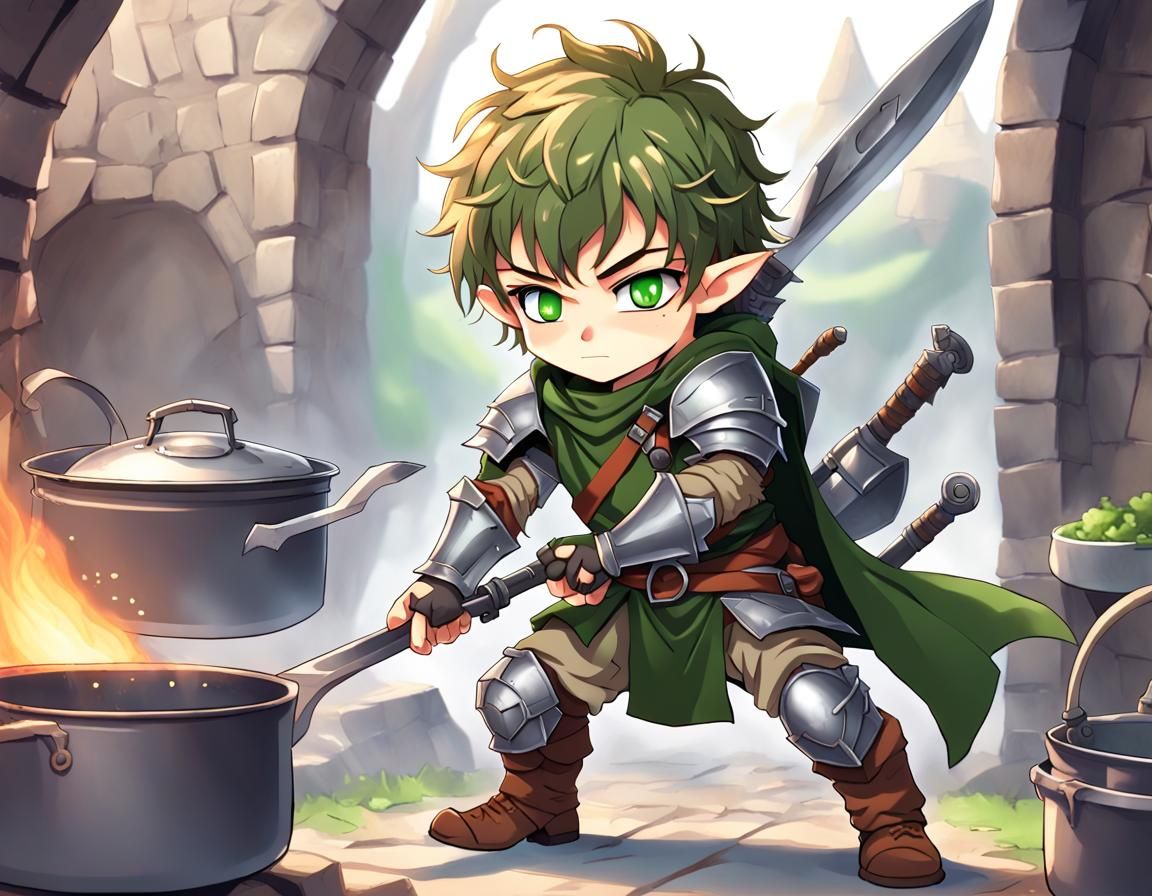 Anime halfling fighter in his early twenties with green eyes and brown hair and using cookware for weapons and armor 