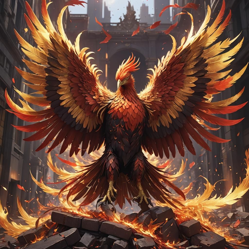 Phoenix rising from the ashes, its feathers are full of vibrant reds and golds