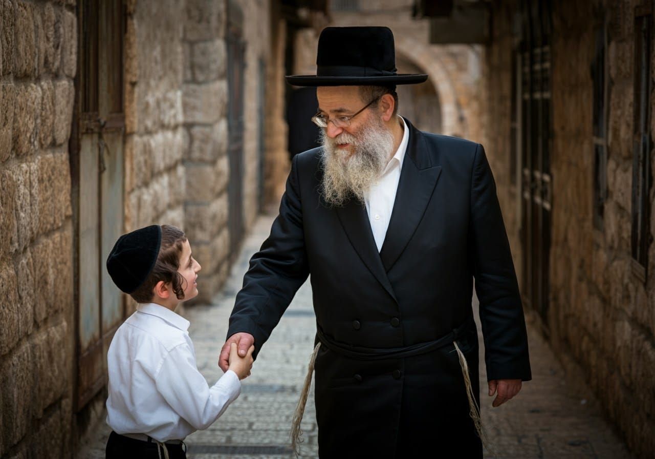 Hasidic Man Greets Boy in Jerusalem Street