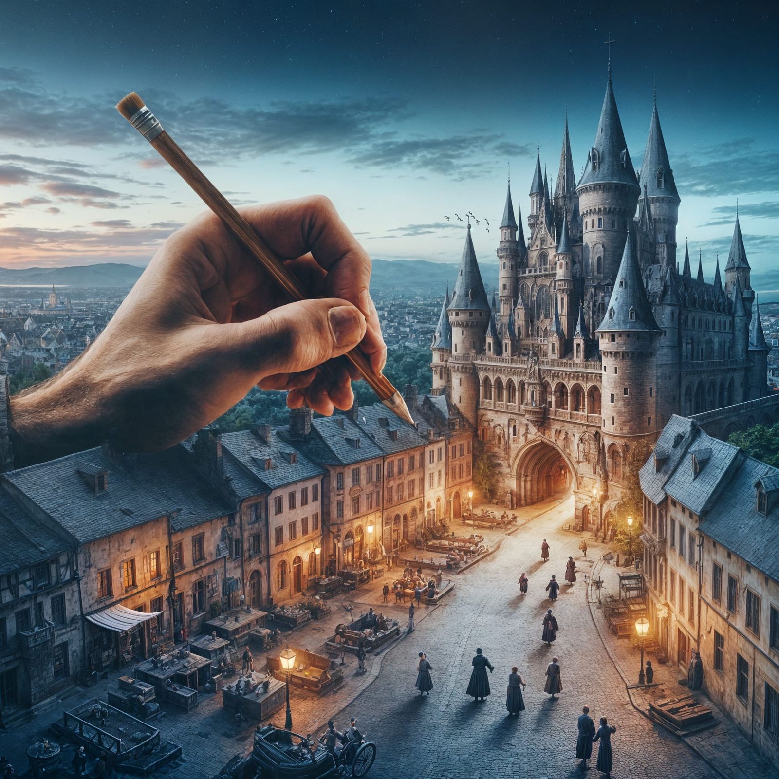 historic european city at dusk. In the center - an illuminat...