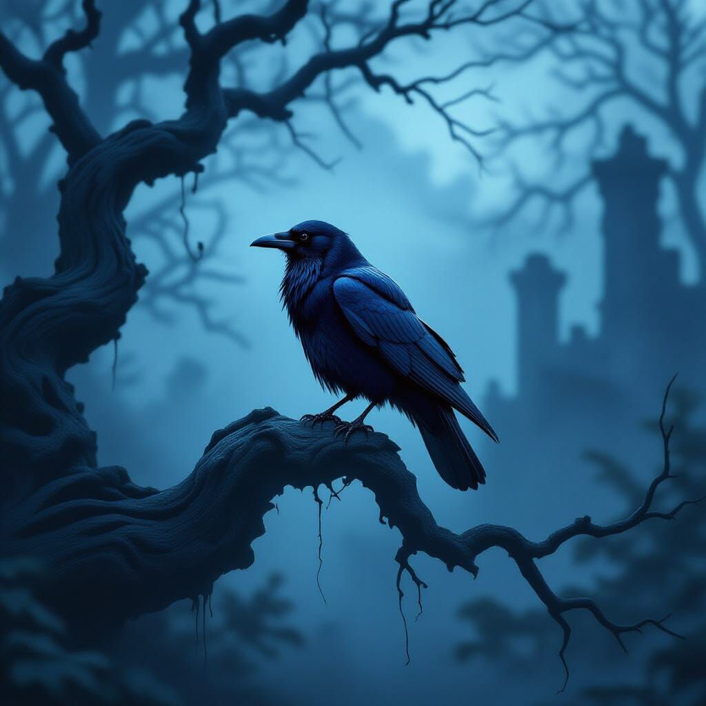 A solitary, ancient crow perched on the gnarled branch of a spectral tree, its feathers shimmering with an ethereal light. The scene is set ...