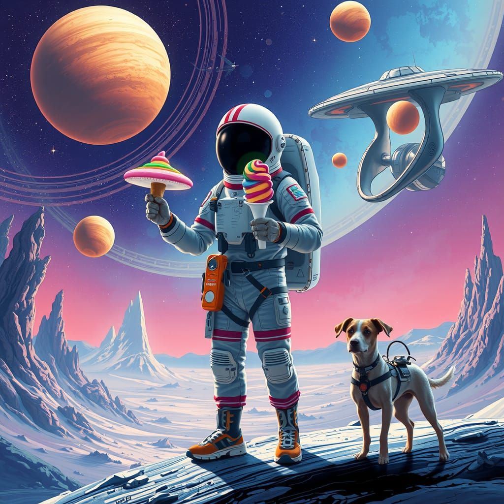 Cosmic Astronaut on Starry Planet in Sci-Fi Landscape