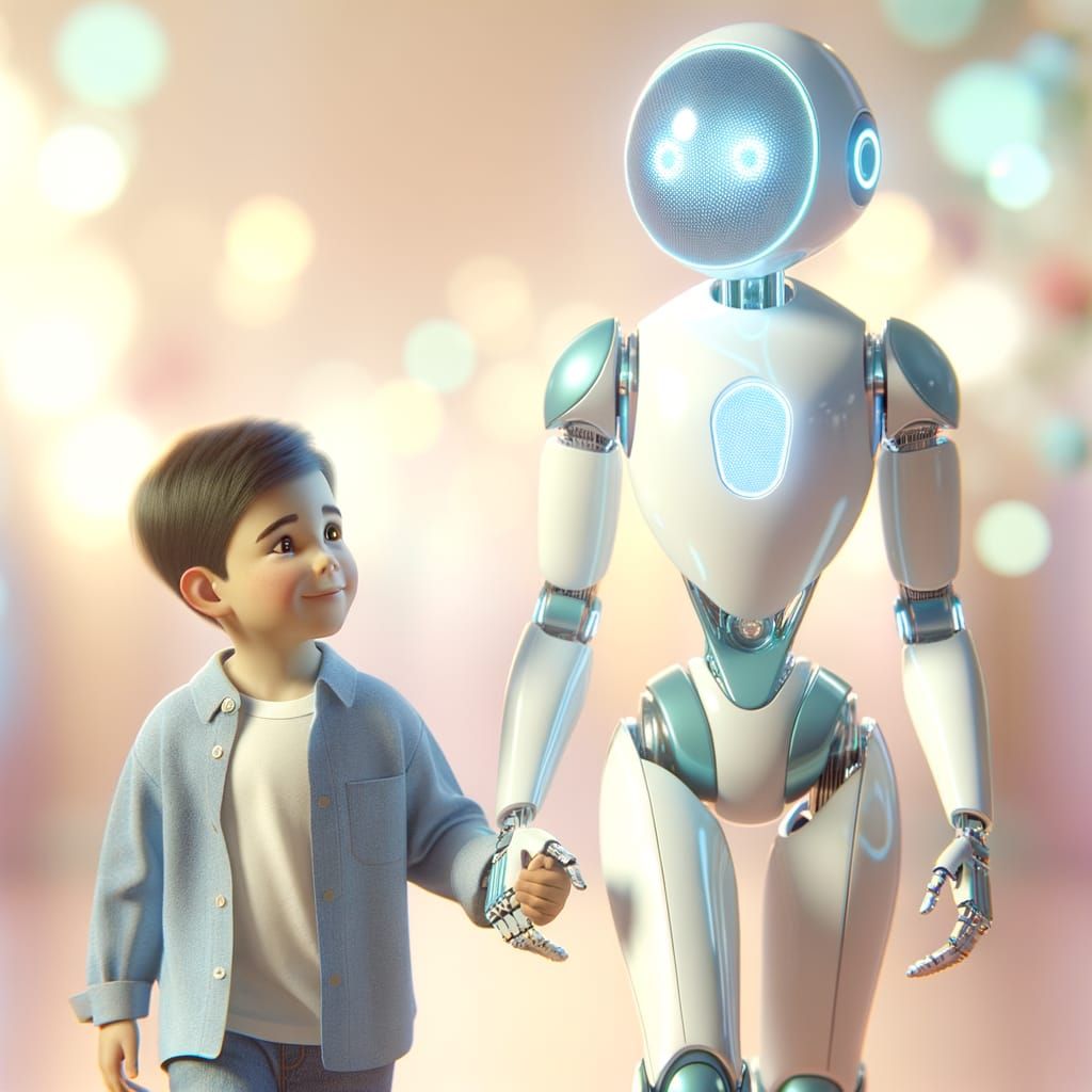 Robot and Boy's Gentle Walk in Pastel Tones