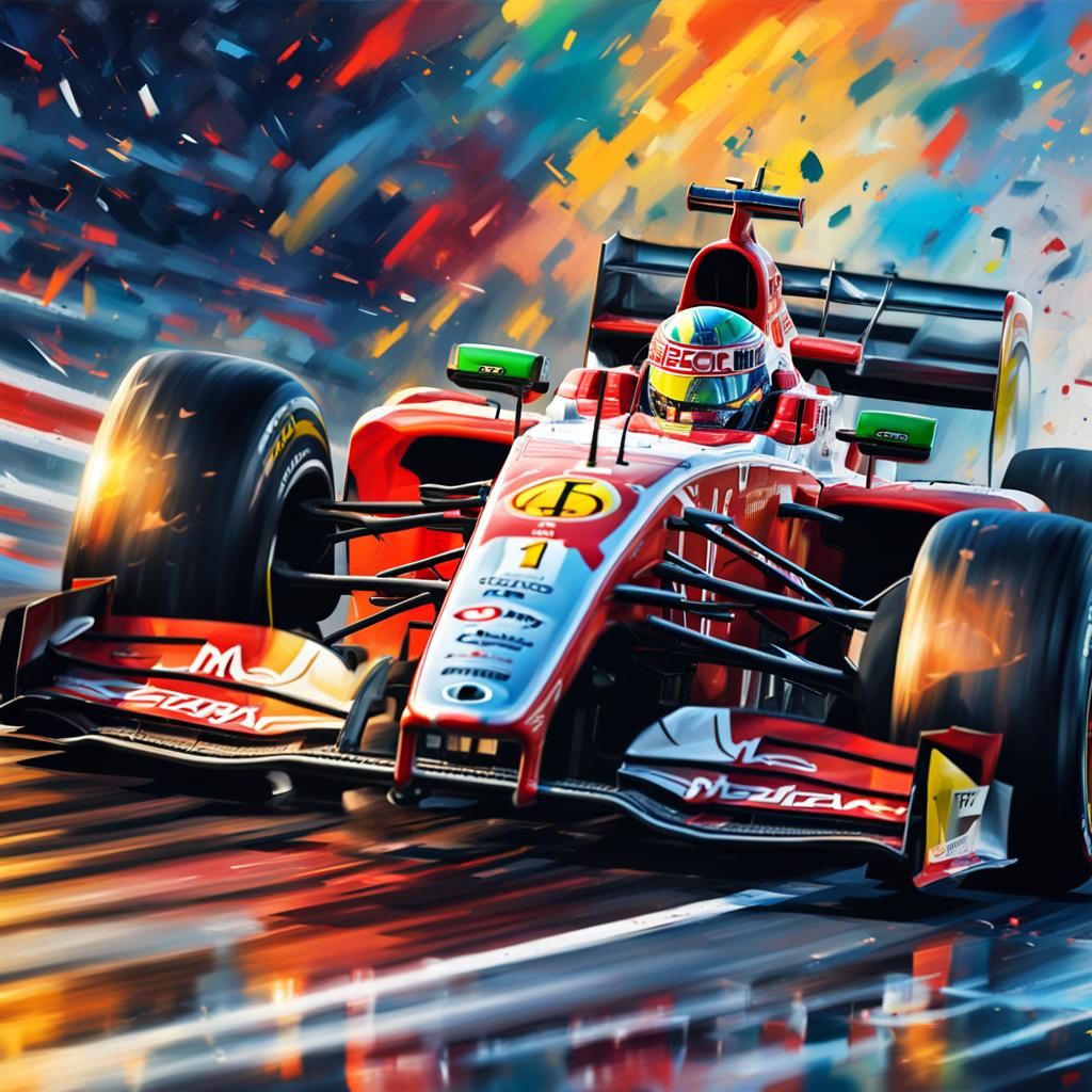 Schumacher racing car Mi9 on a race track out in front of the grid Hyperrealistic, splash art, concept ...  by @Purpledaisy
