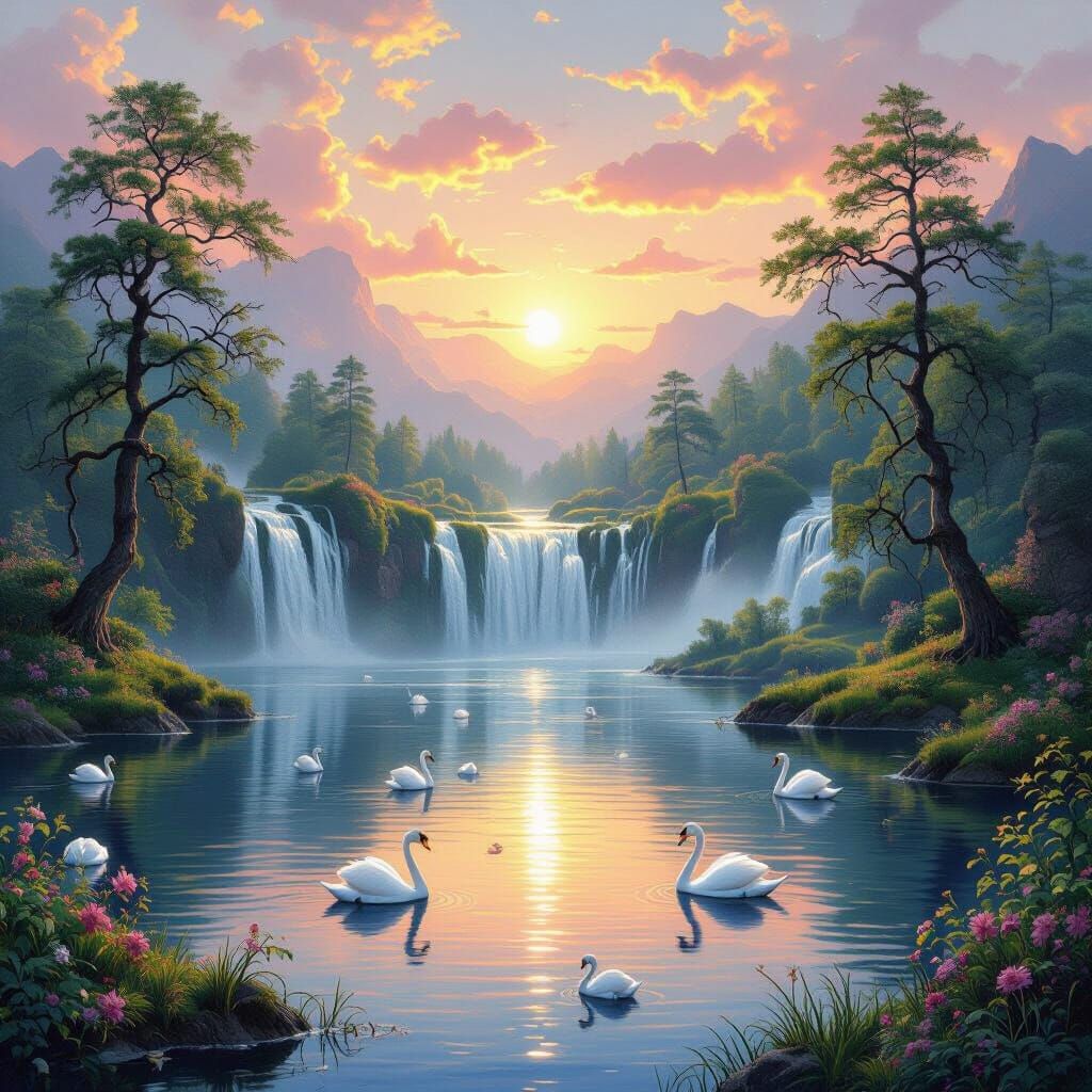 Magical Sunrise Landscape with Swans and Waterfall