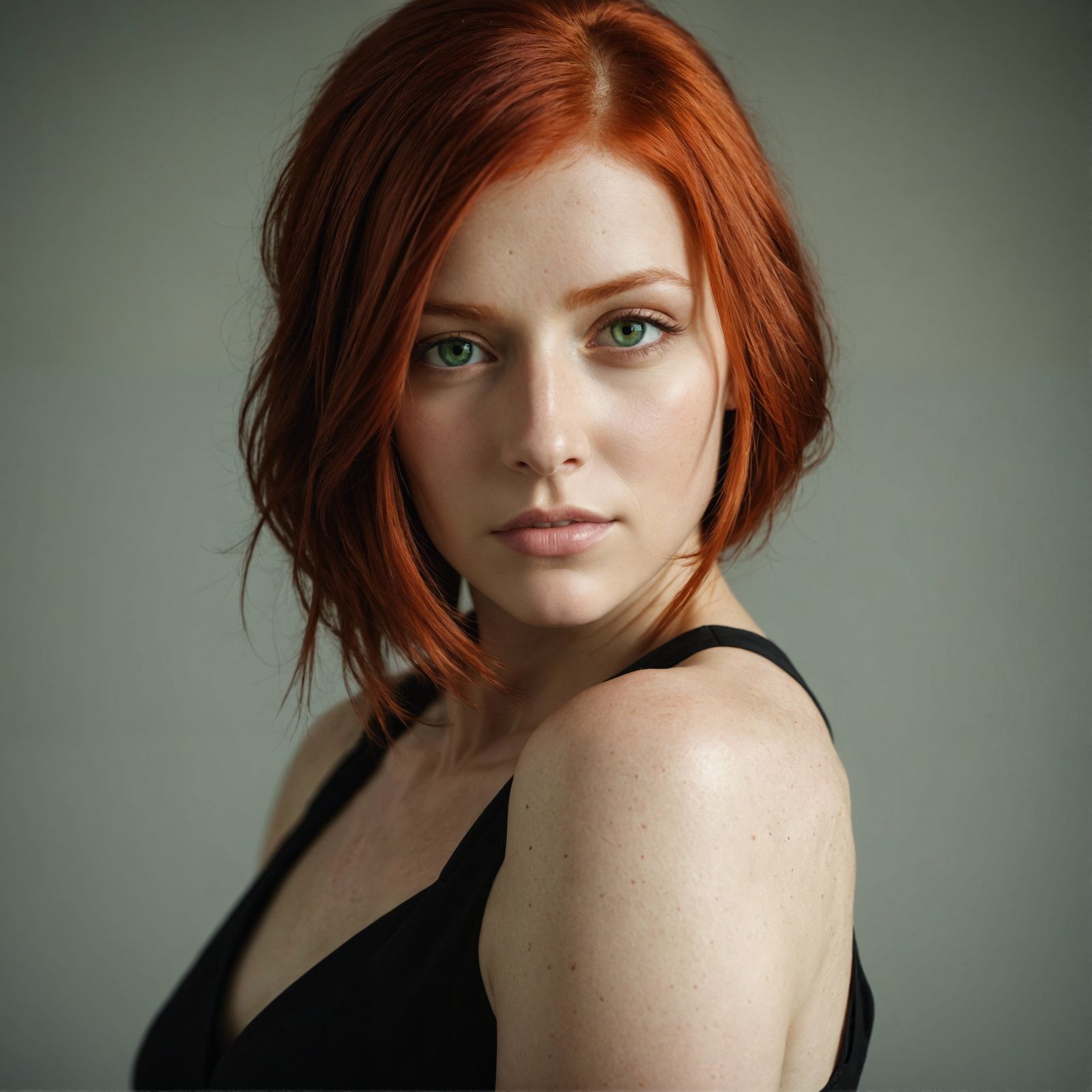 Red hair, bad skin,  Portrait :: studio lighting :: post processed :: side lit :: atmospheric soft focus , black dress, ...