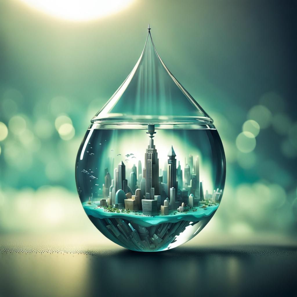 A micro size underwater city so small it fits perfectly inside of a singular drop of water.  by @Alex Sumner