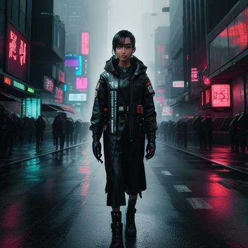 Medium shot of a female sci-fi protagonist in a cyberpunk ci...