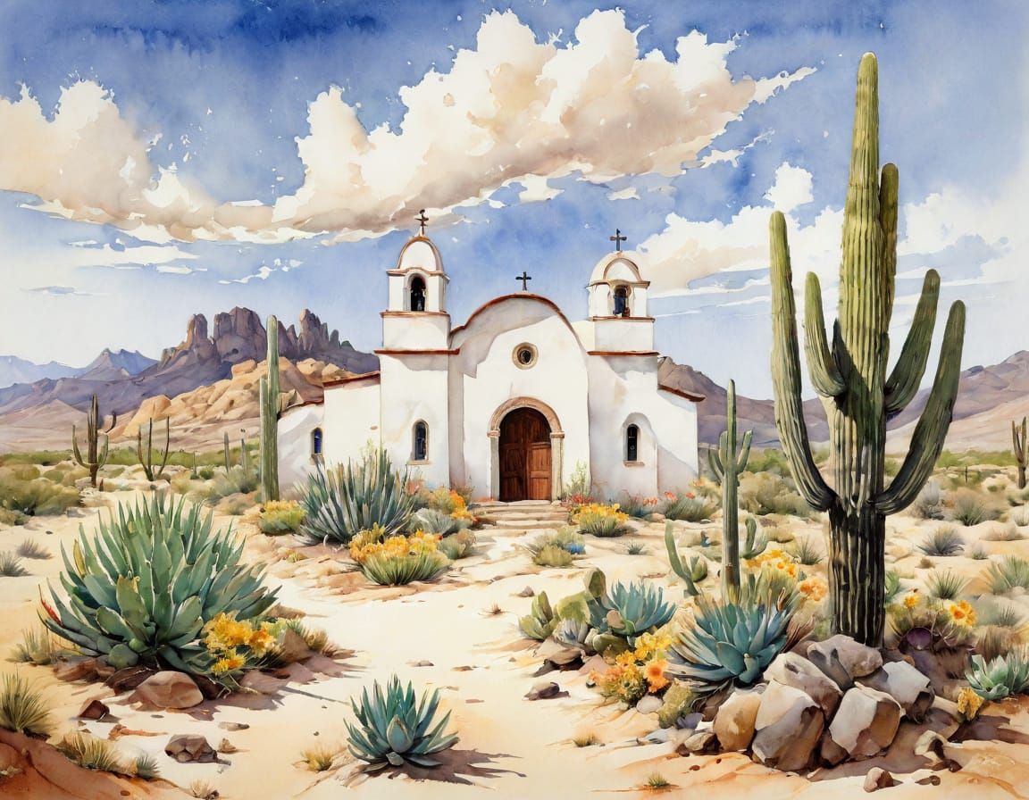 Desert Church in Watercolor Folk-Art Style