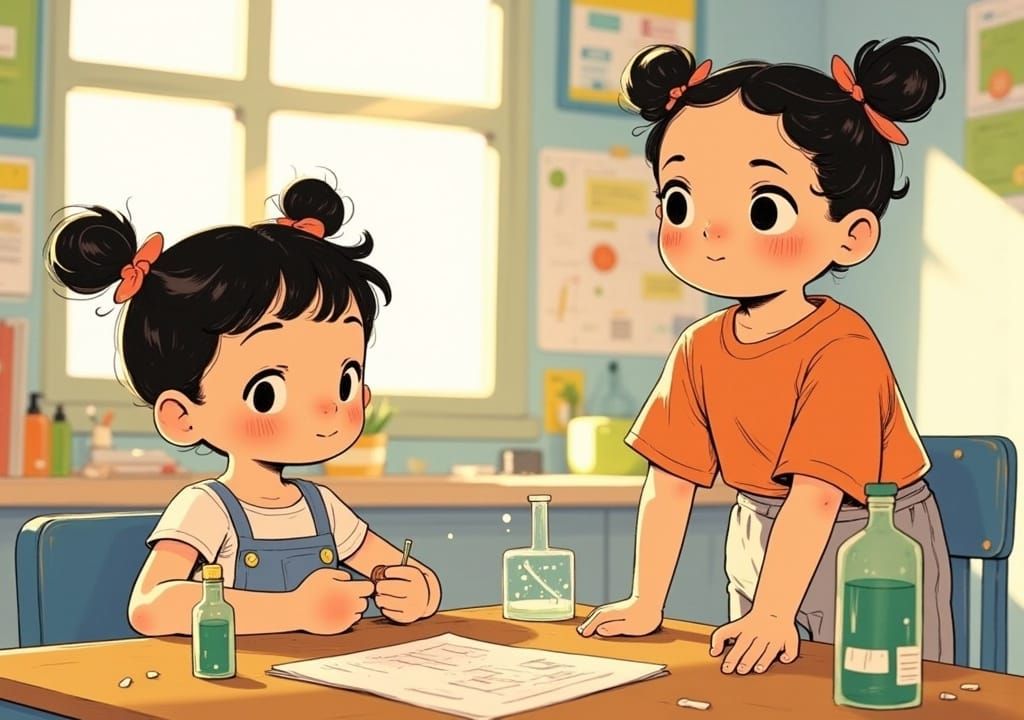  <lora:Alius:1.0> digital illustration in the style of Cosimo Galluzzi :: happy children doing experiments together in a school classroom