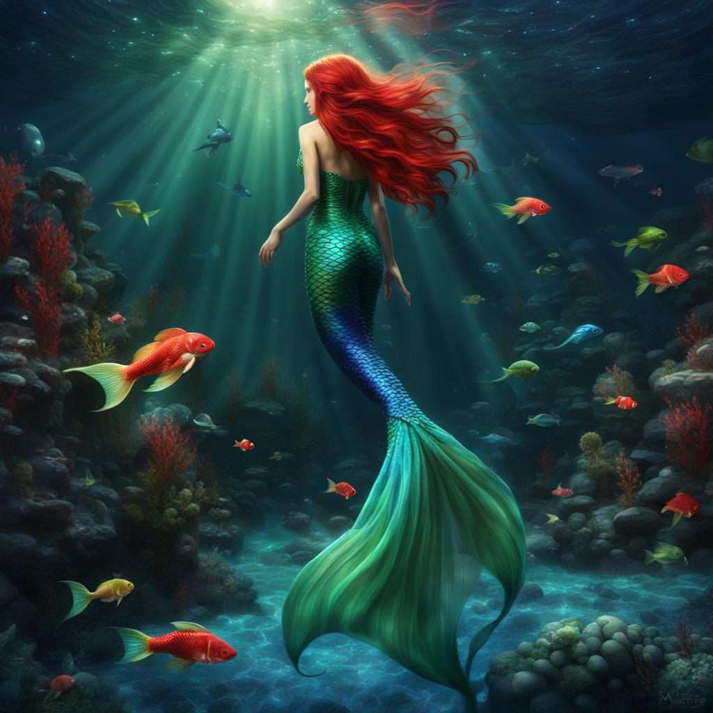 Beautiful Mermaid Swimming Underwater in Ocean