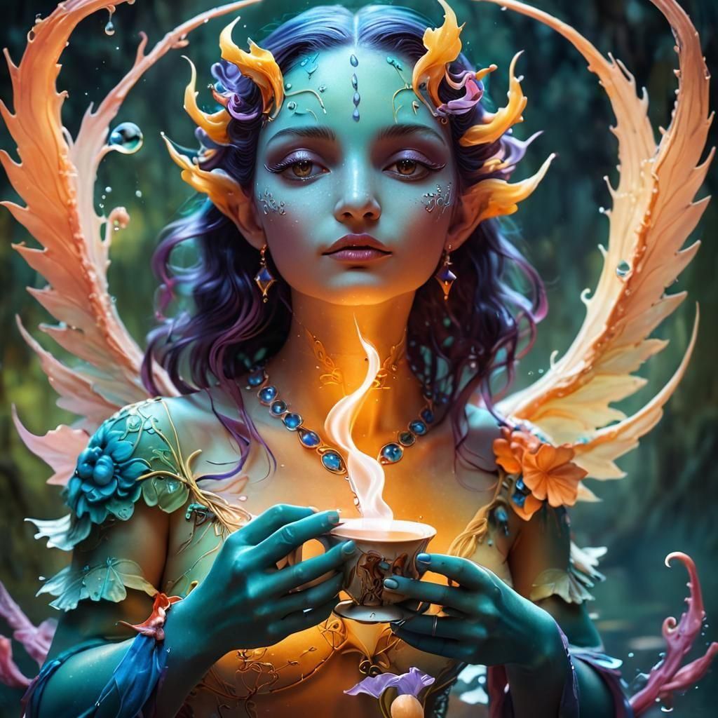 Water Nymph Sipping Elemental Tea  by @LilacVenom