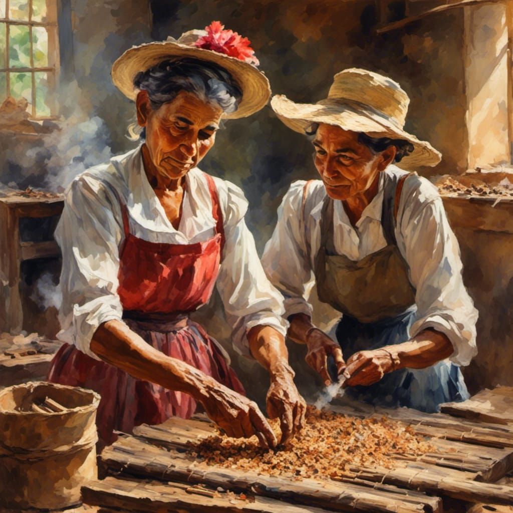 <lora:Impressionist women:1.0> woman making cigars in tobacco factory in Cuba  