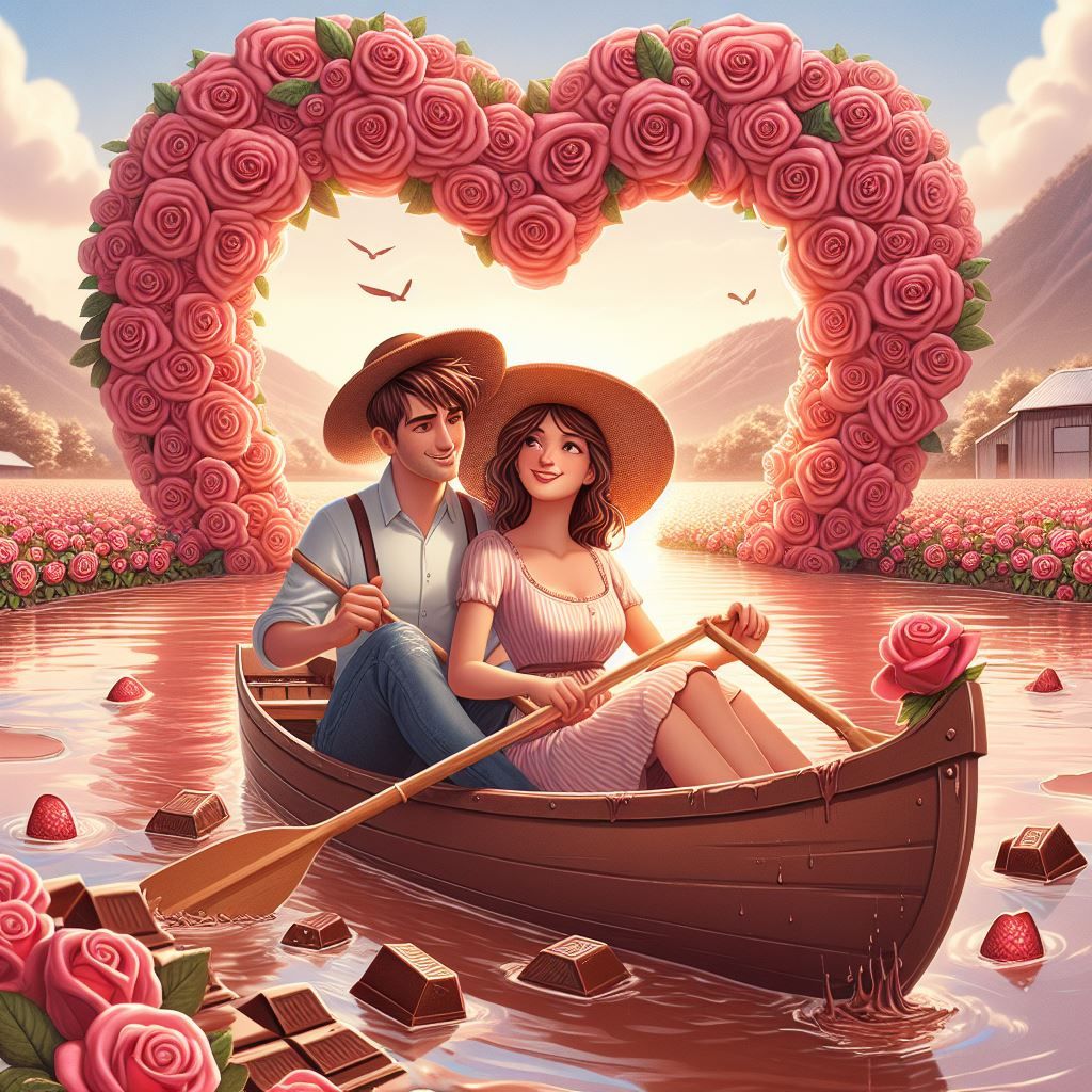 couple canoeing in chocolate river of love