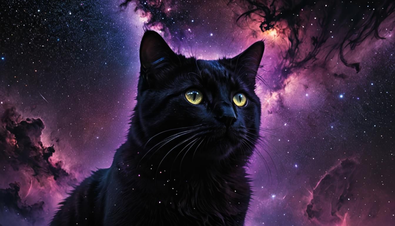 Mystical Cat in Black Galaxy: Surrealist Dreamscape