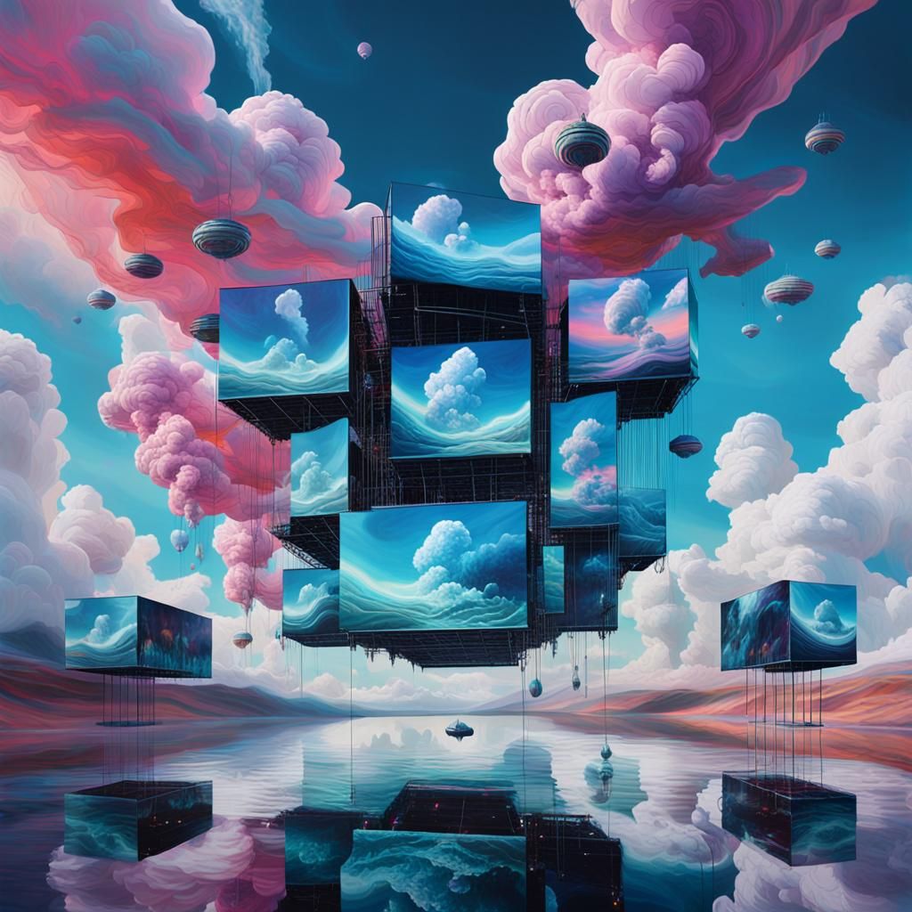 Surreal Sci-Fi Dreamscape with Floating Screens