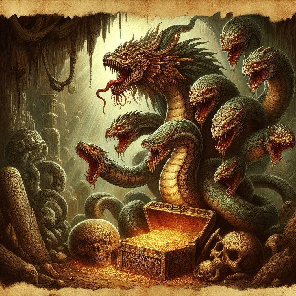 A multi-headed serpent guarding a hidden treasure