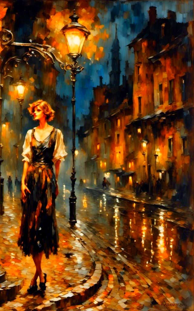 A painting of a young woman, about 17 <lora:Dark Impasto:1.0> in a 1920s dress, ragged, standing under an old fashioned gas streetlight cast...