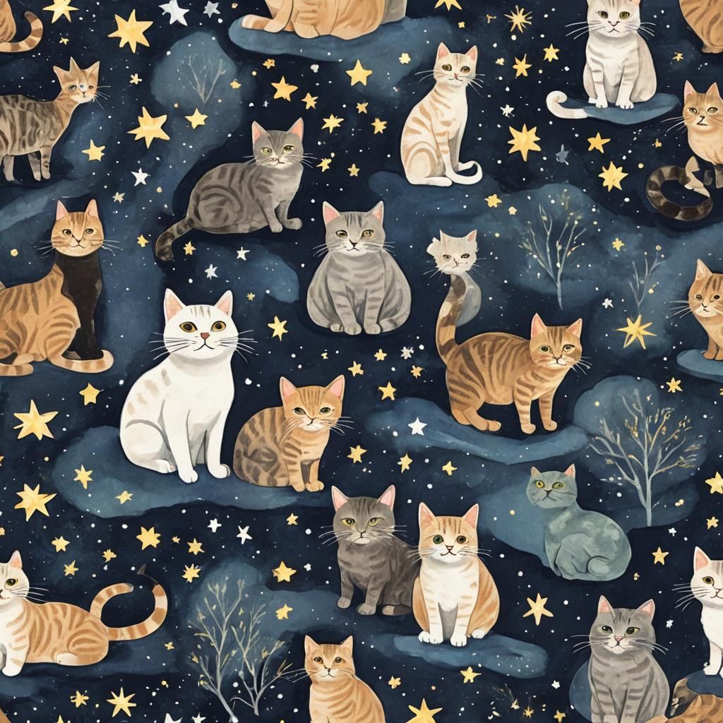 Cats Under a Starry Night Sky