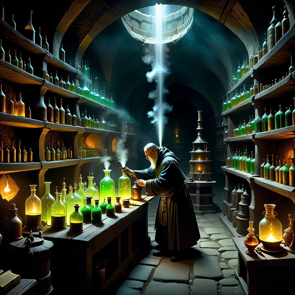 Imaginative depiction of an alchemist at work in a hidden me...