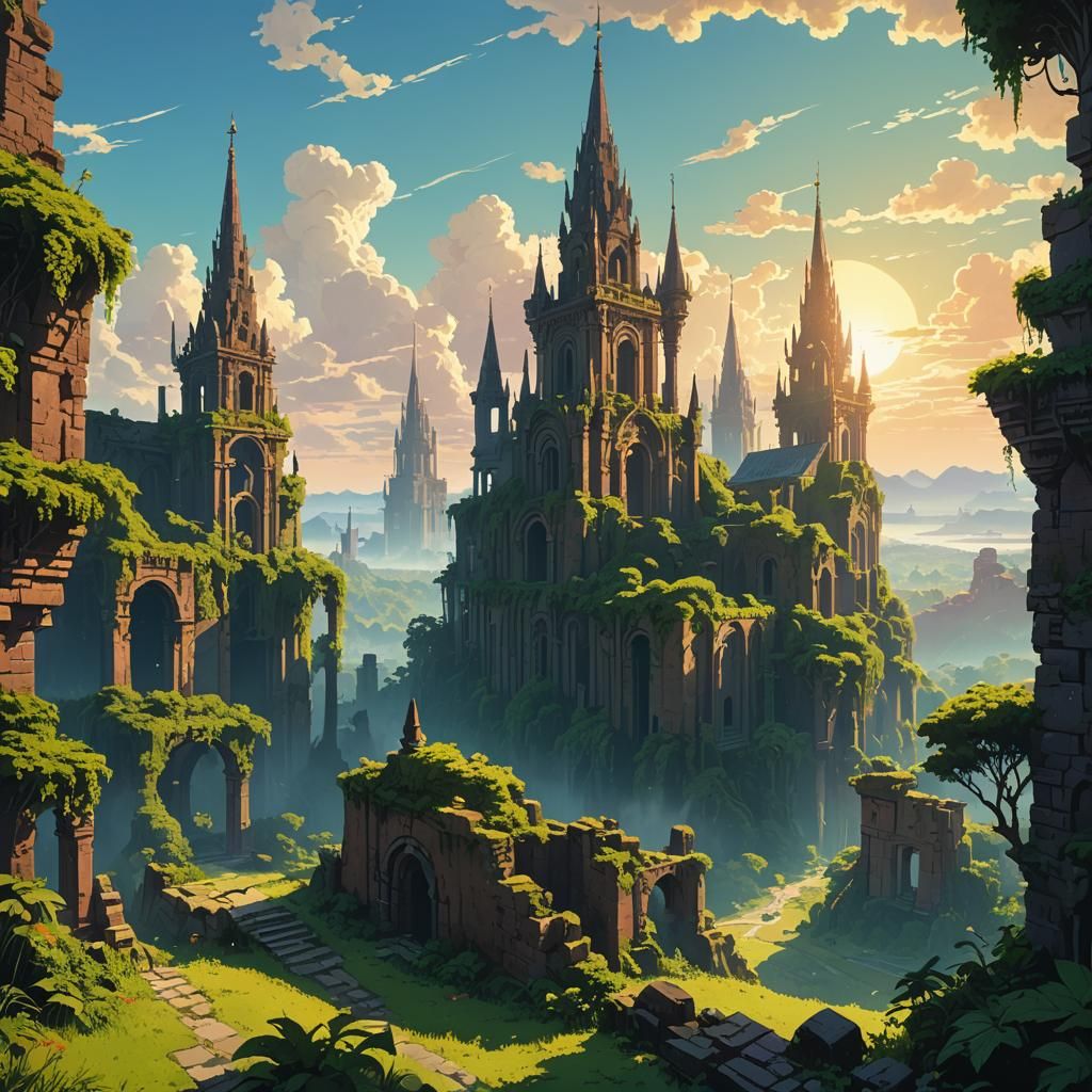 High Fantasy epic scenic pixilated background, squares, pixels, high detail, high quality, Cinematic film still, shot on v-raptor XL, film g...