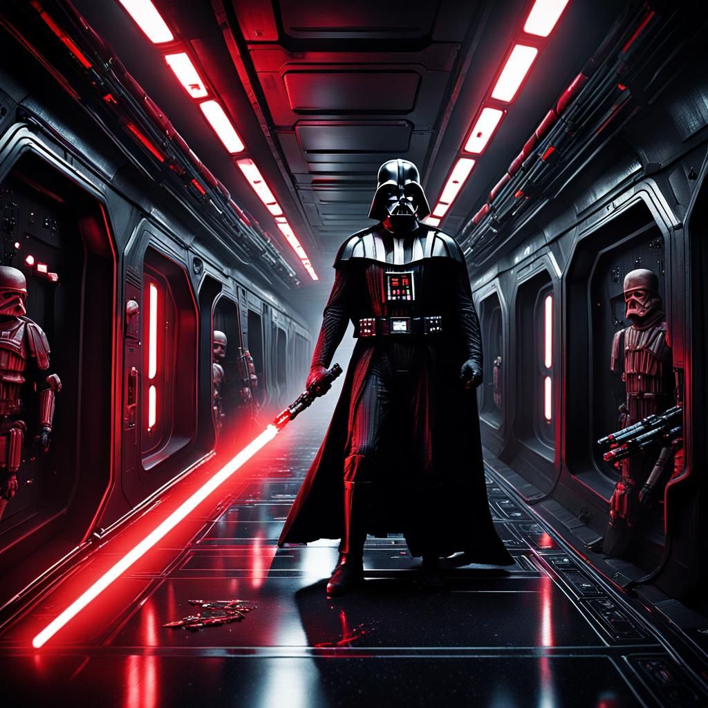 Darth Vader with red lightsaber in his hand in a long corridor of a ...