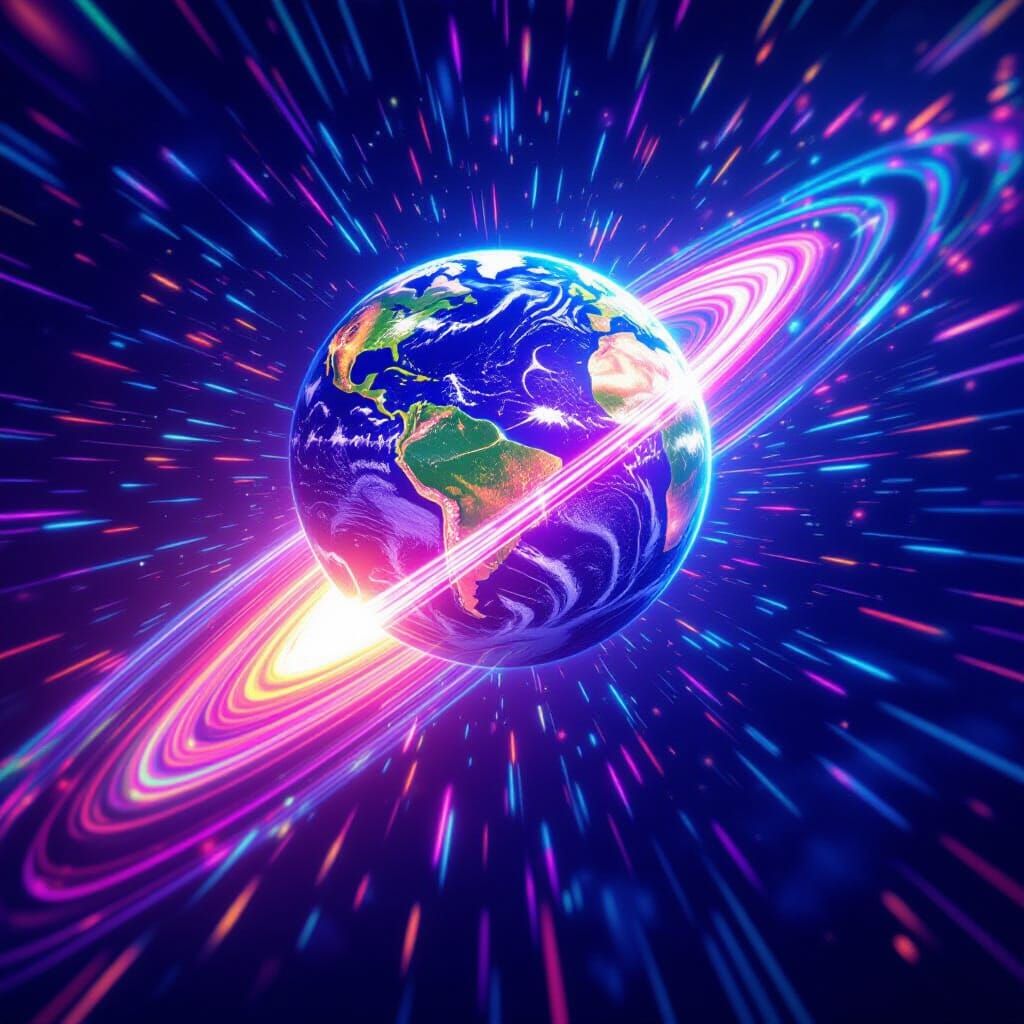 A mesmerizing psychedelic light artwork of earths creation, composed entirely of vibrant lasers and refracted light, gracefully striding acr...