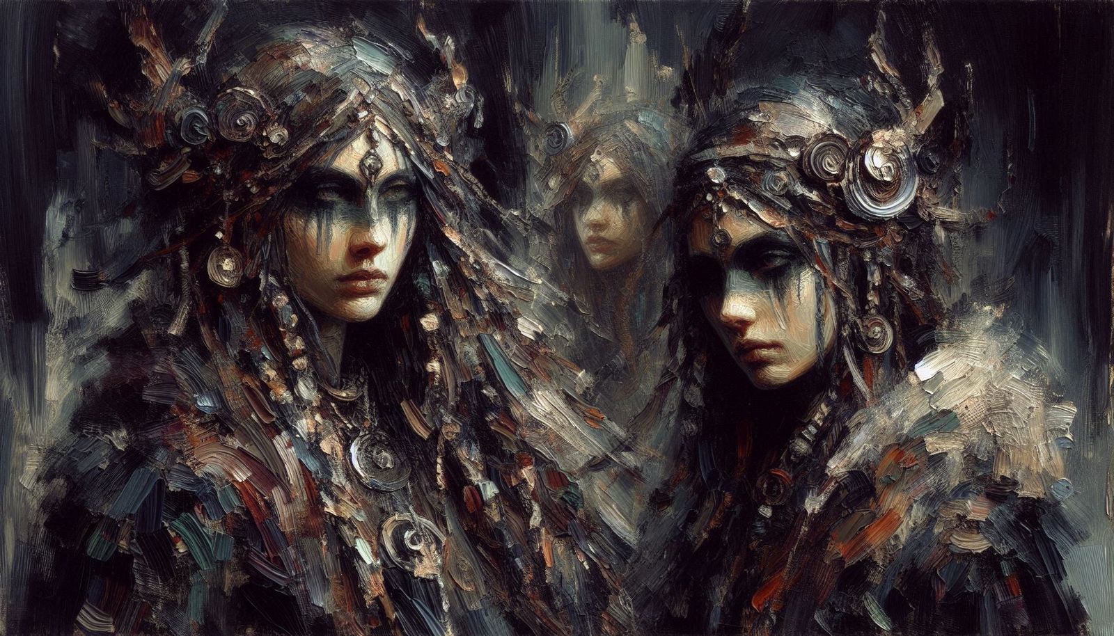 Pastose Acrylmalerei mit keltischen Frauen #3