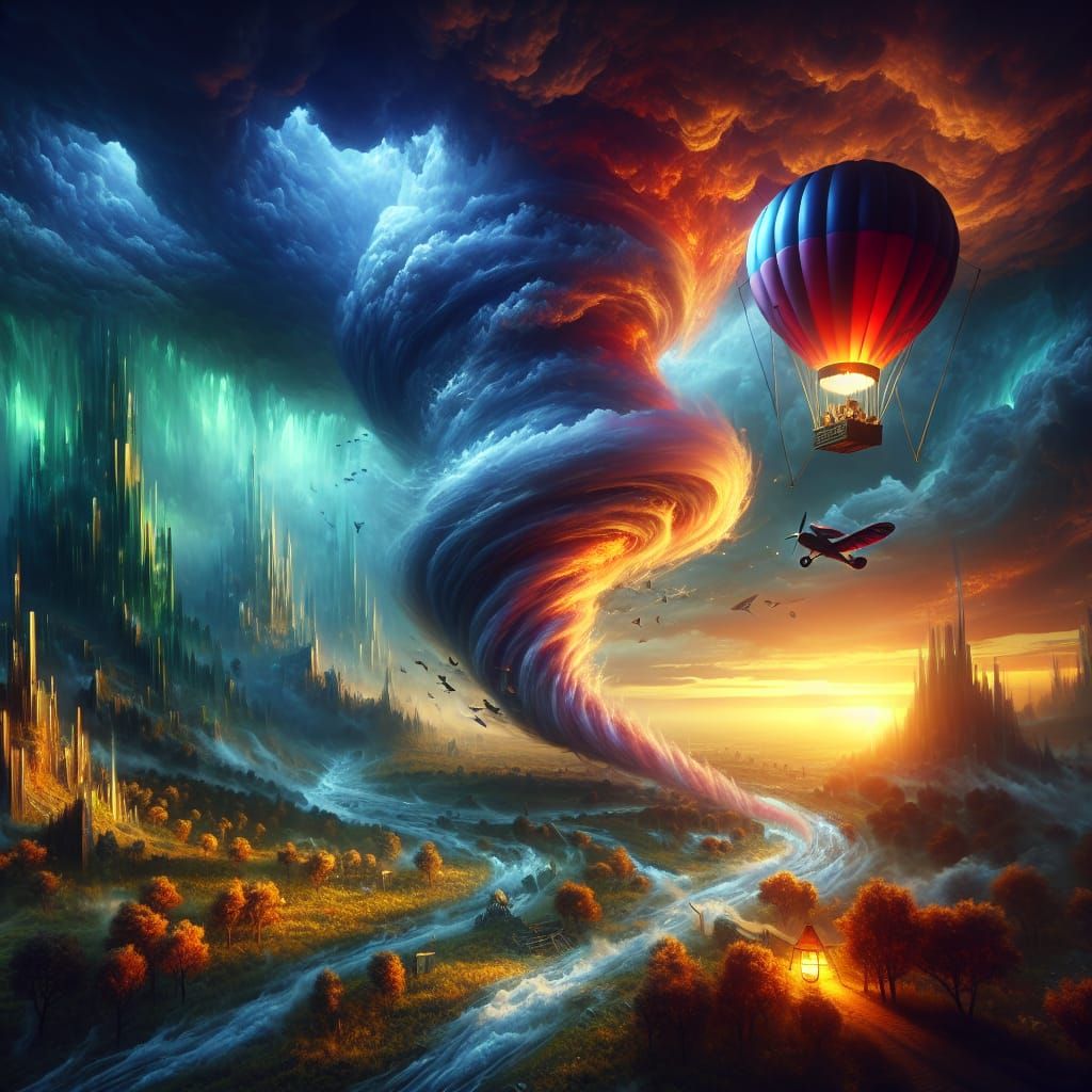 Hot air balloon drifting into a tornado Dorothy Wizard of Oz theme