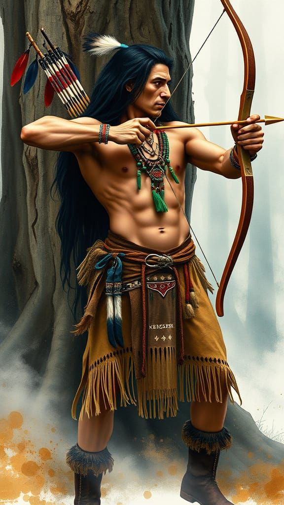 A ripped Native American dude with long black hair stands in front of a tree, decked out in traditional garb with beads and feathers, firing...
