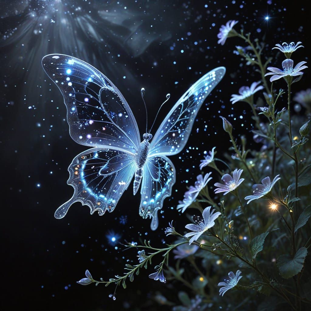 synaptic butterfly, dreamy, mystical, ethereal with iridescent flowers and twinkling stars, dancing in ...  by @Andy Does AI