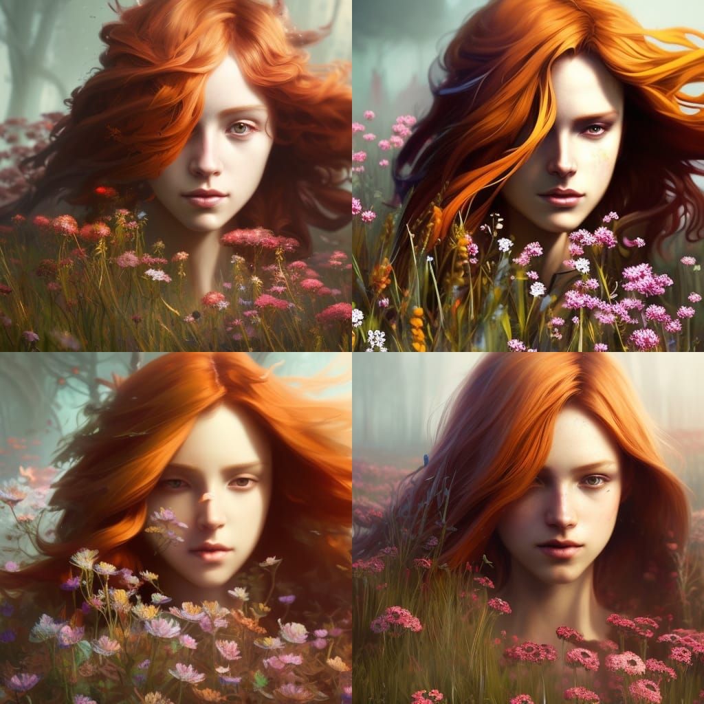 High Gothic Ginger Girl in Flower Field