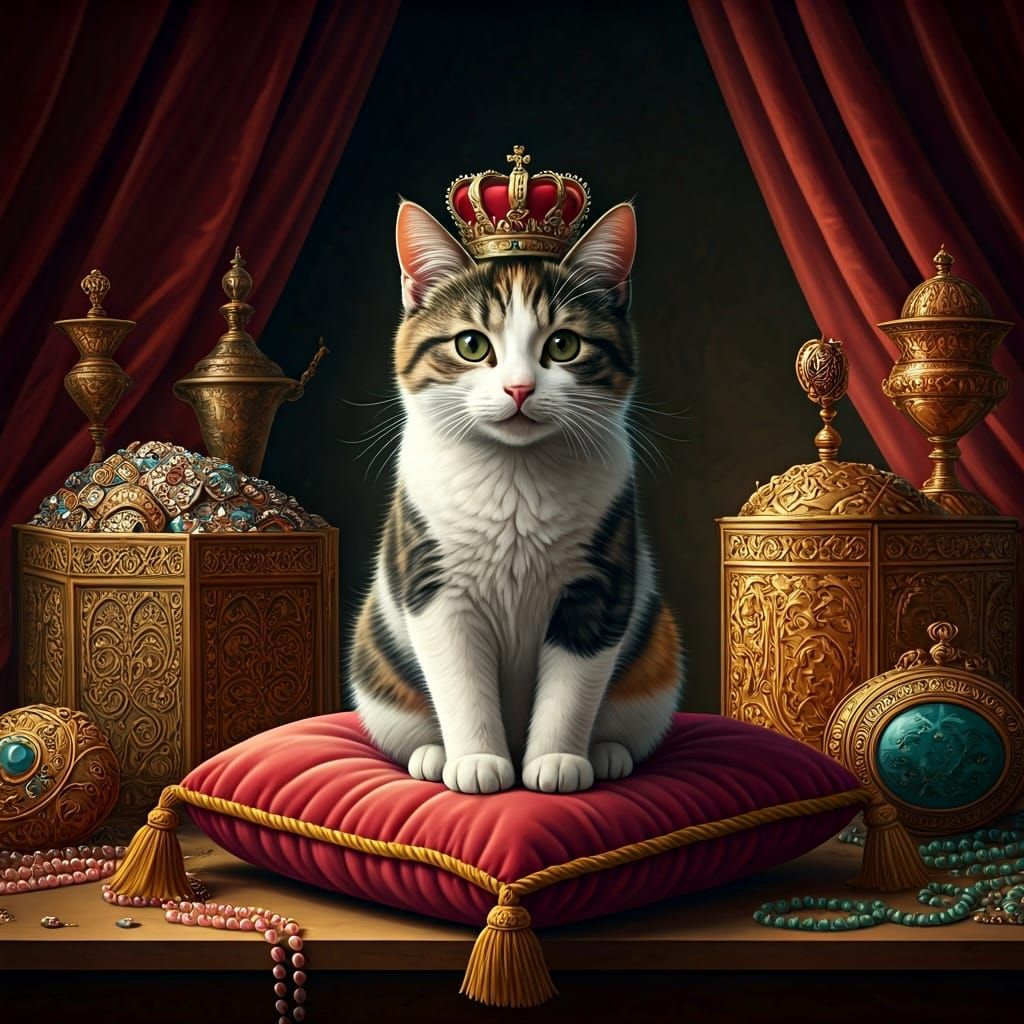 A masterpiece. A calico cat wearing a tiny crown sits on a velvet cushion, surrounded by priceless jewels ...  by @HIKER