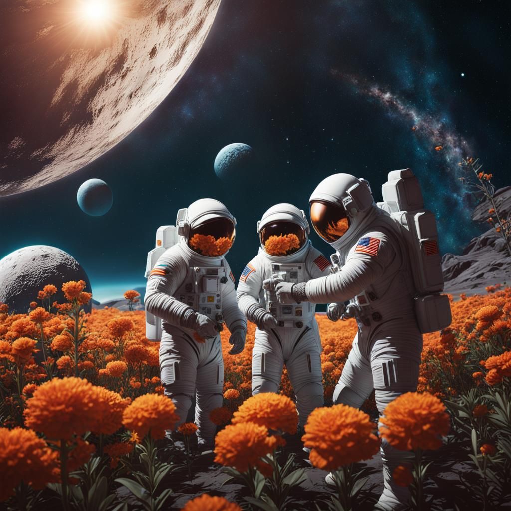 Three men in spacesuits tending to the flowers in a geodesic...