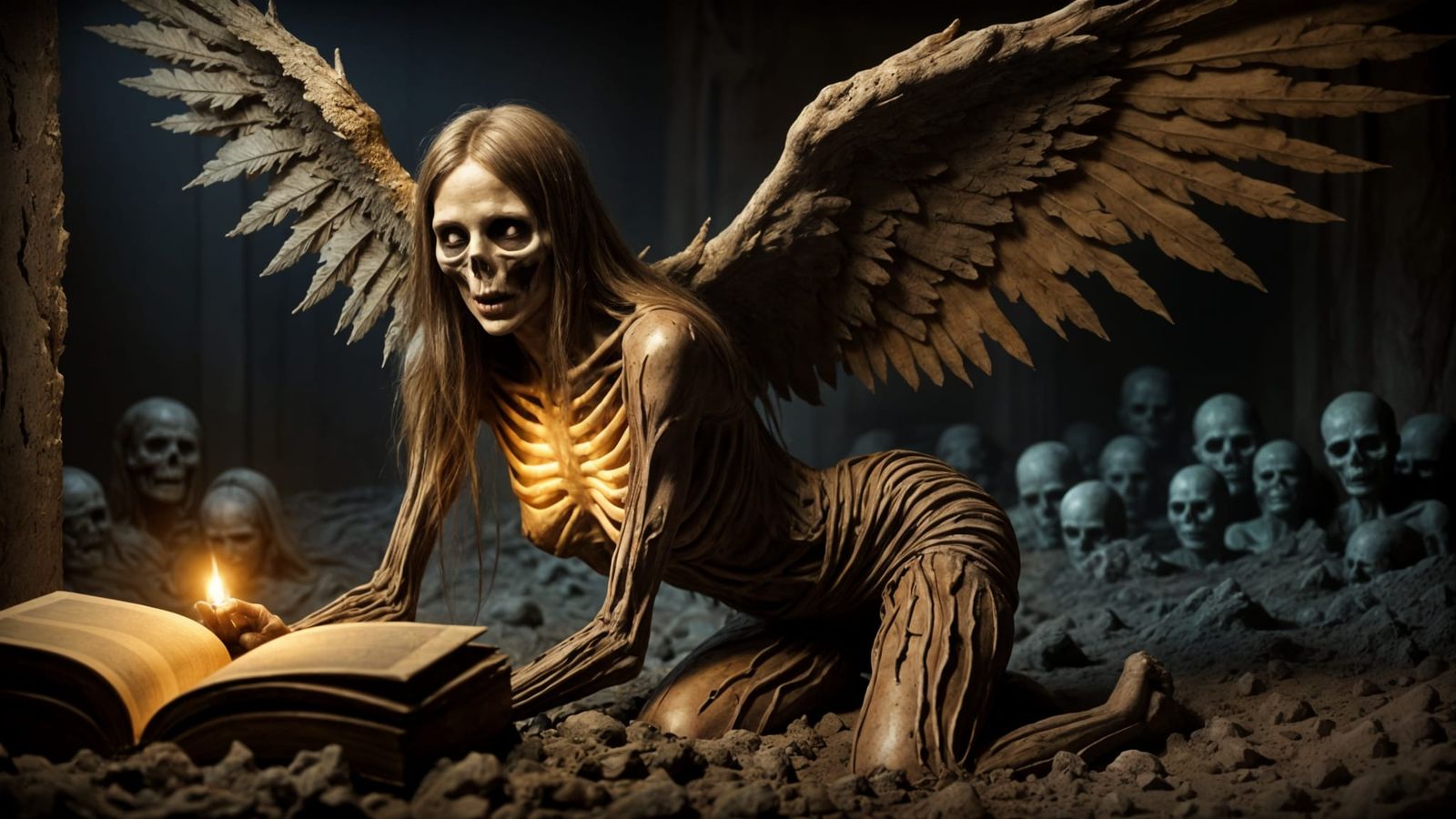 Undead Angel Praying in Crypt with Glowing Ribcage