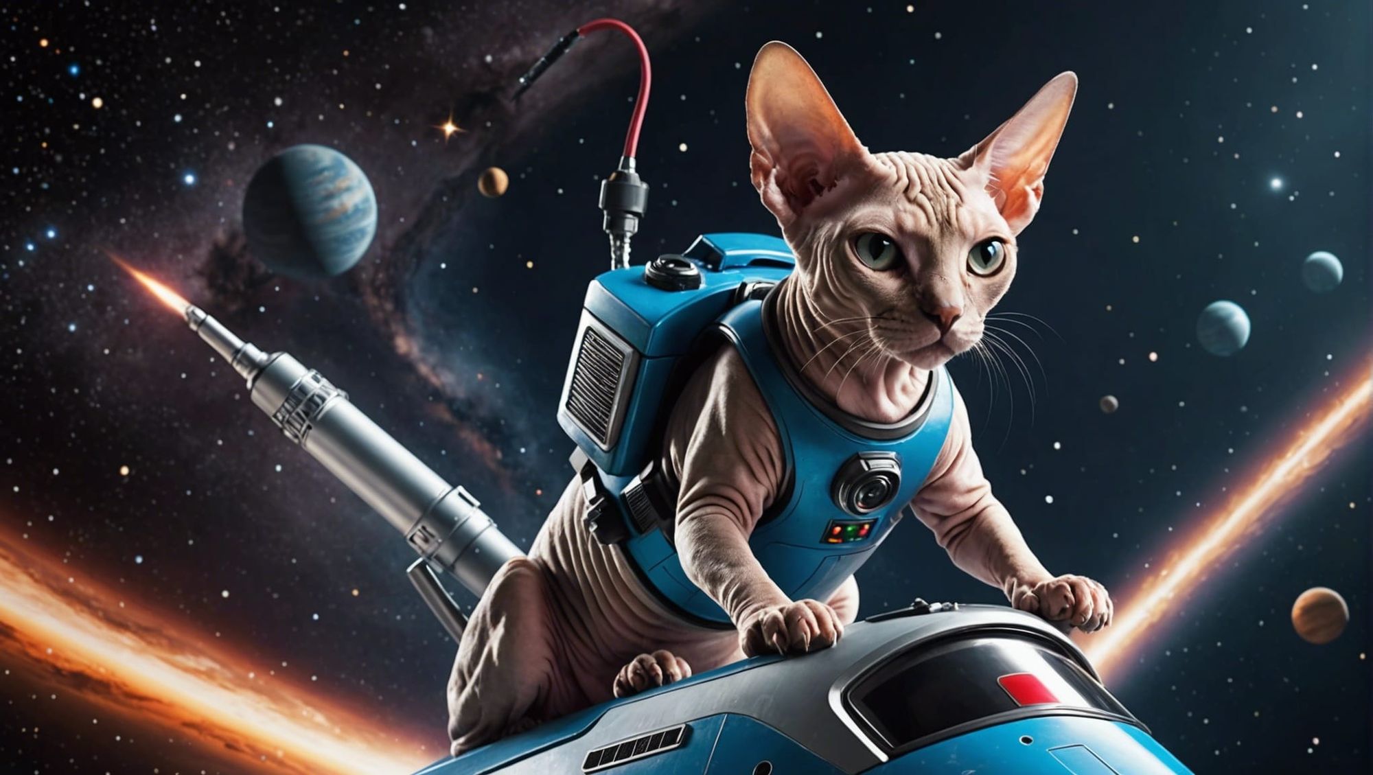 Sphynx cat riding a rocket ship in space fighting a vacuum cleaner