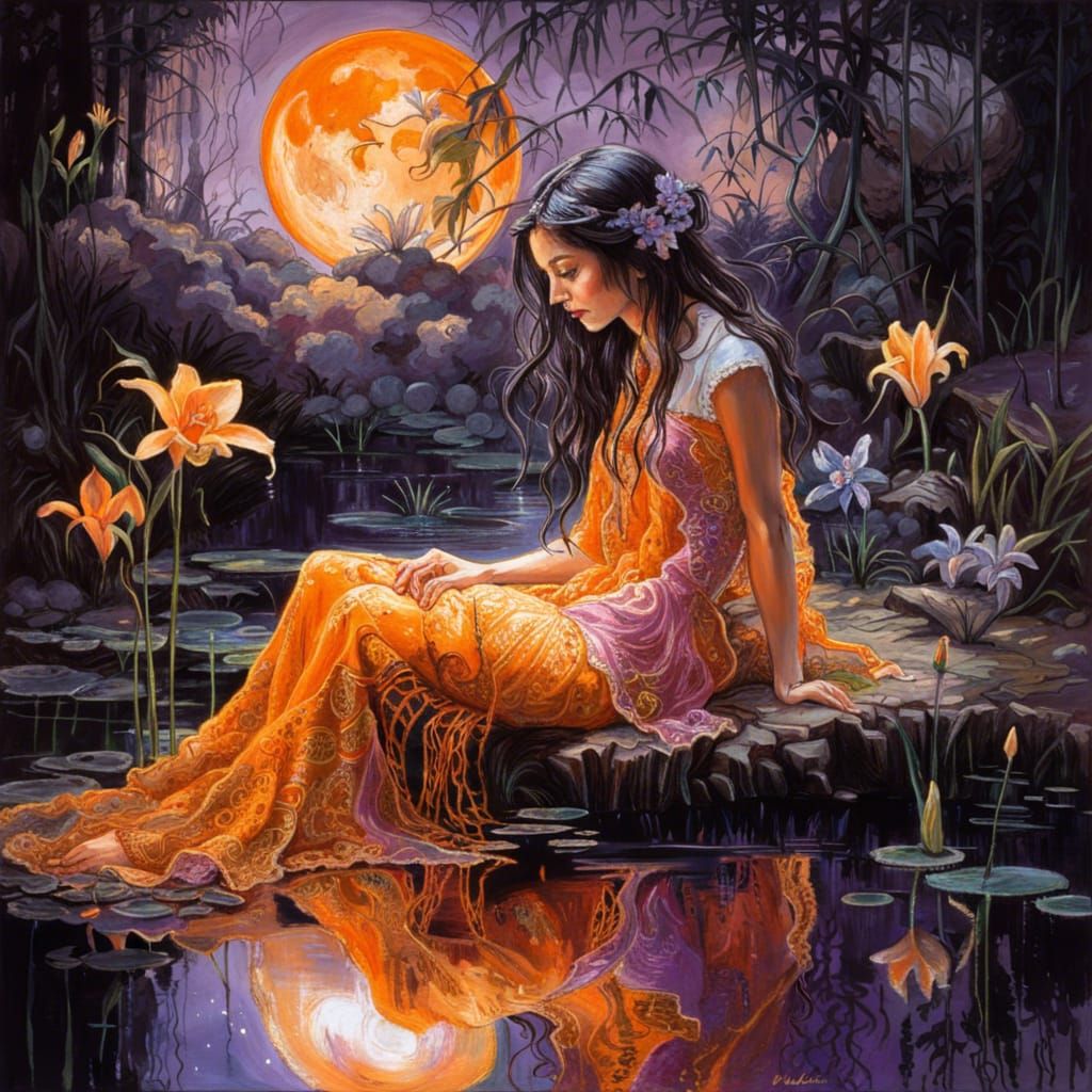 Bioluminescent Moon Goddess in Mirrored Reflection