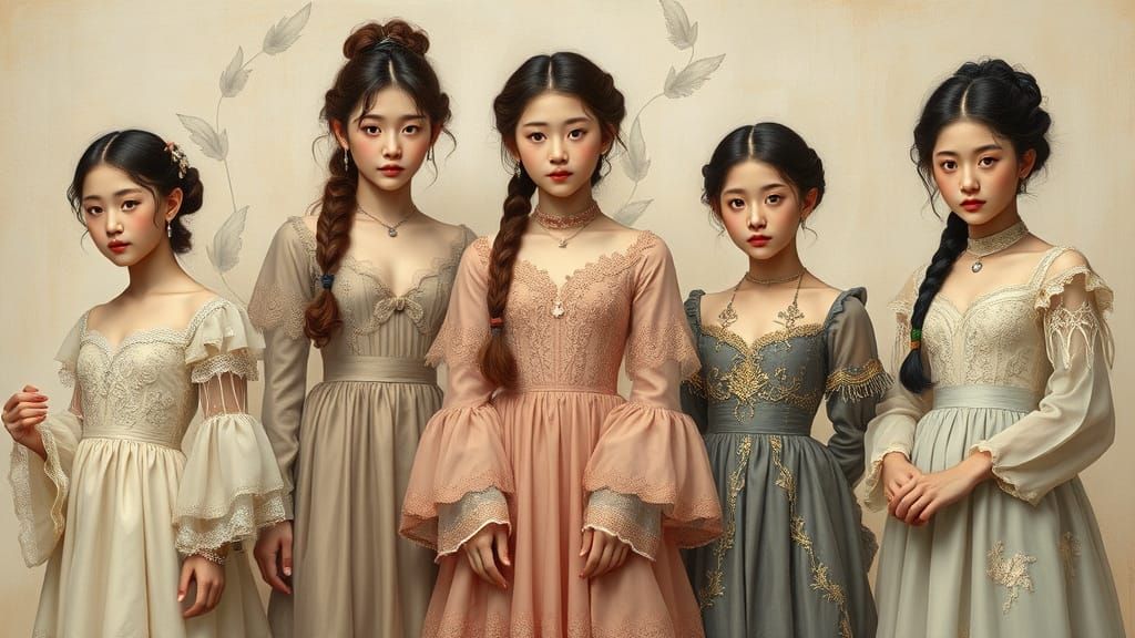Exquisite Korean Women in French-Inspired Gowns, Pre-Raphael...