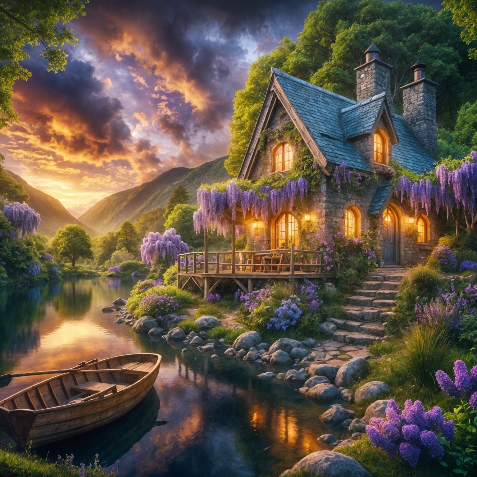 Magical Twilight Cottage by Serene Lake with Mountain Sunset