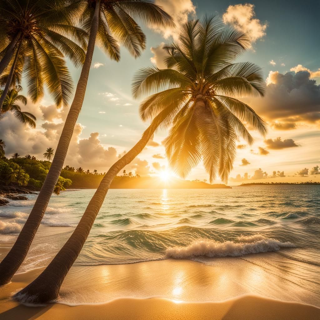 Tranquil tropical beach in the Caribbean at sunset.  Palm trees sway and the water sparkles 