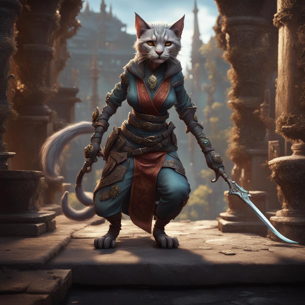 Elderly female Tabaxi rogue with grey hair