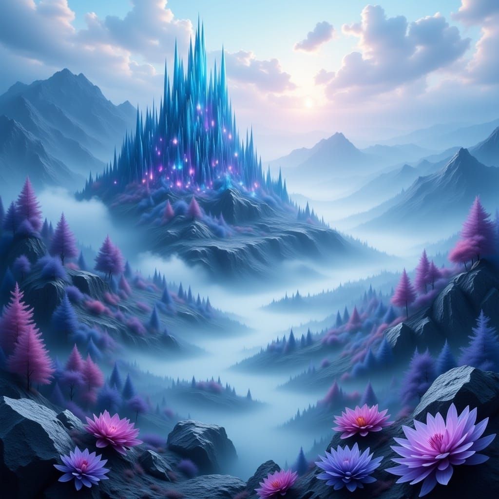 <lora:Landscape Intensity:1.0> hazy misty landscape with a crystal fantasy castle, fantasy, flowers, trees, blue silver purple pink colors,...
