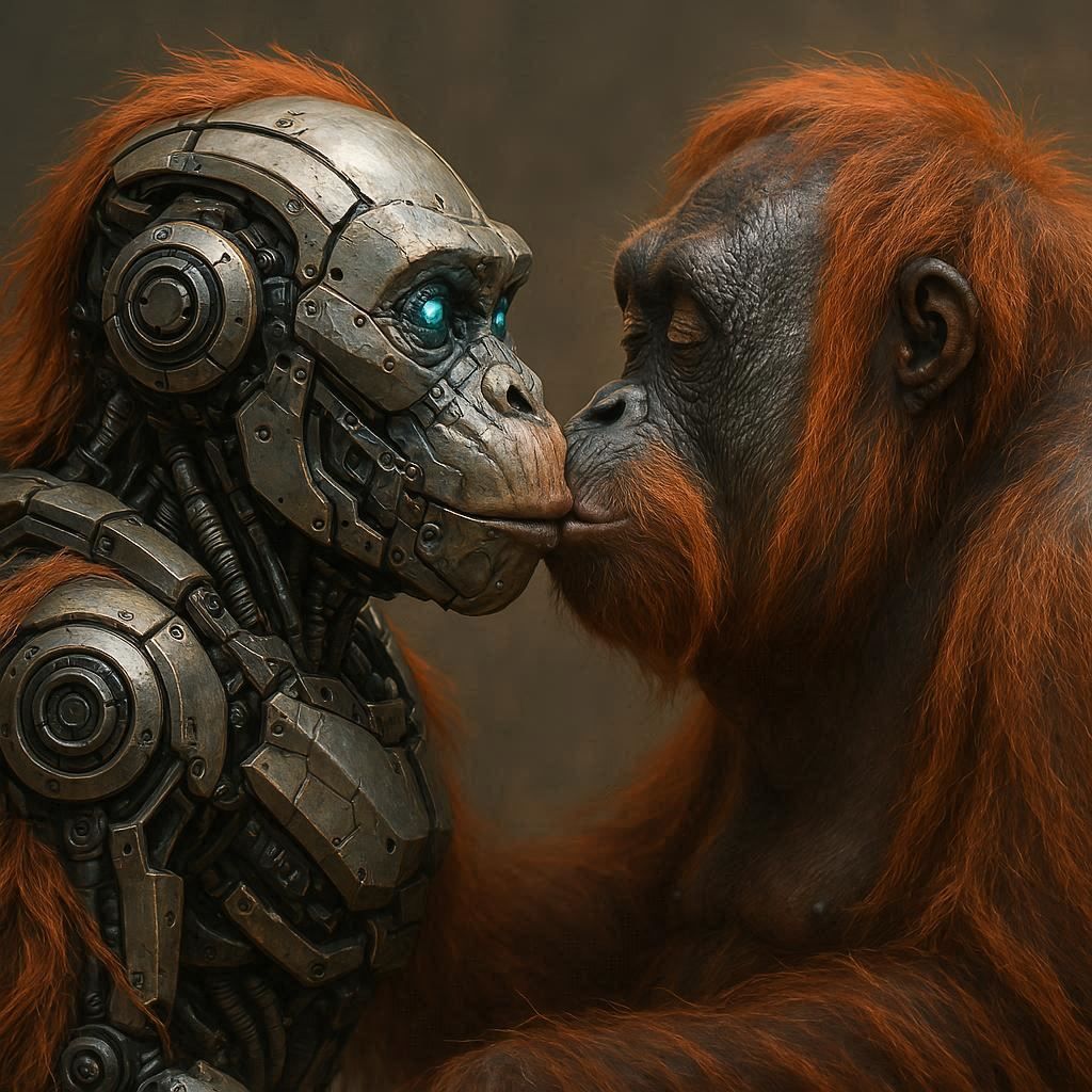 Orangutan kissing her maechanical friend
