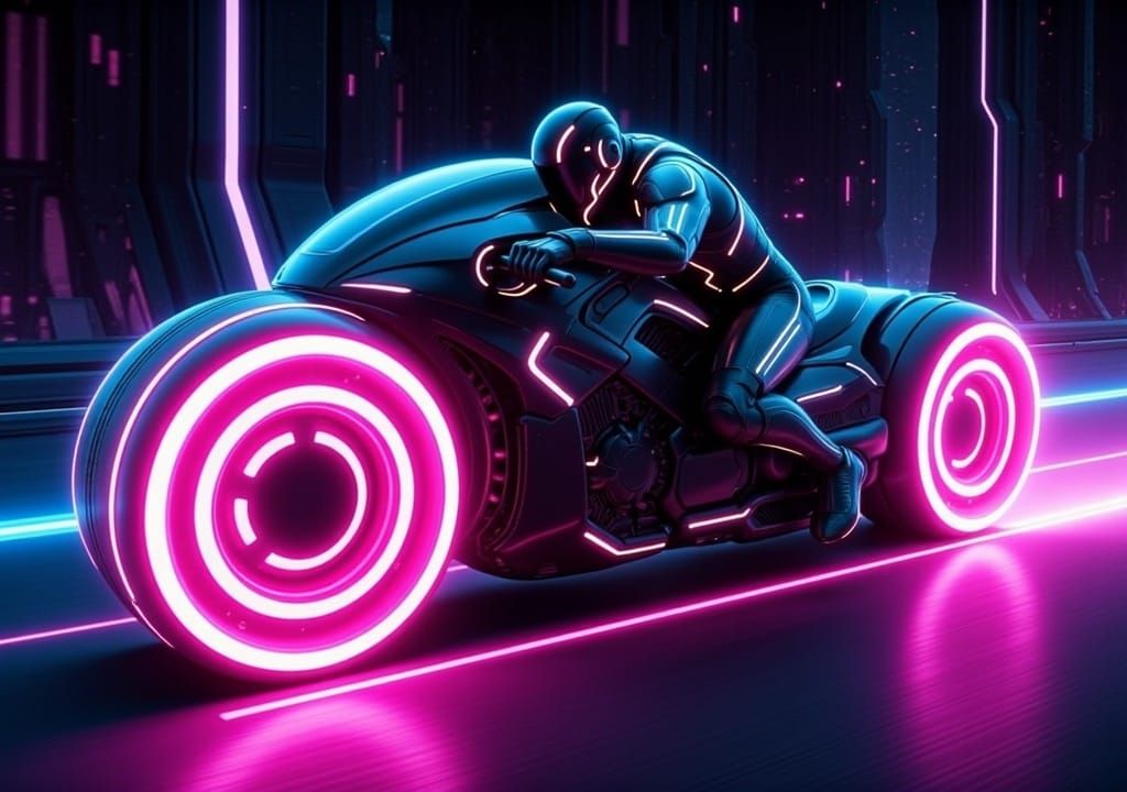 Insanely detailed screen capture from the 2010 movie "Tron: Legacy". By Joseph Kosinski :: Dylan Cole; Character riding lightcycle. 3D motor...
