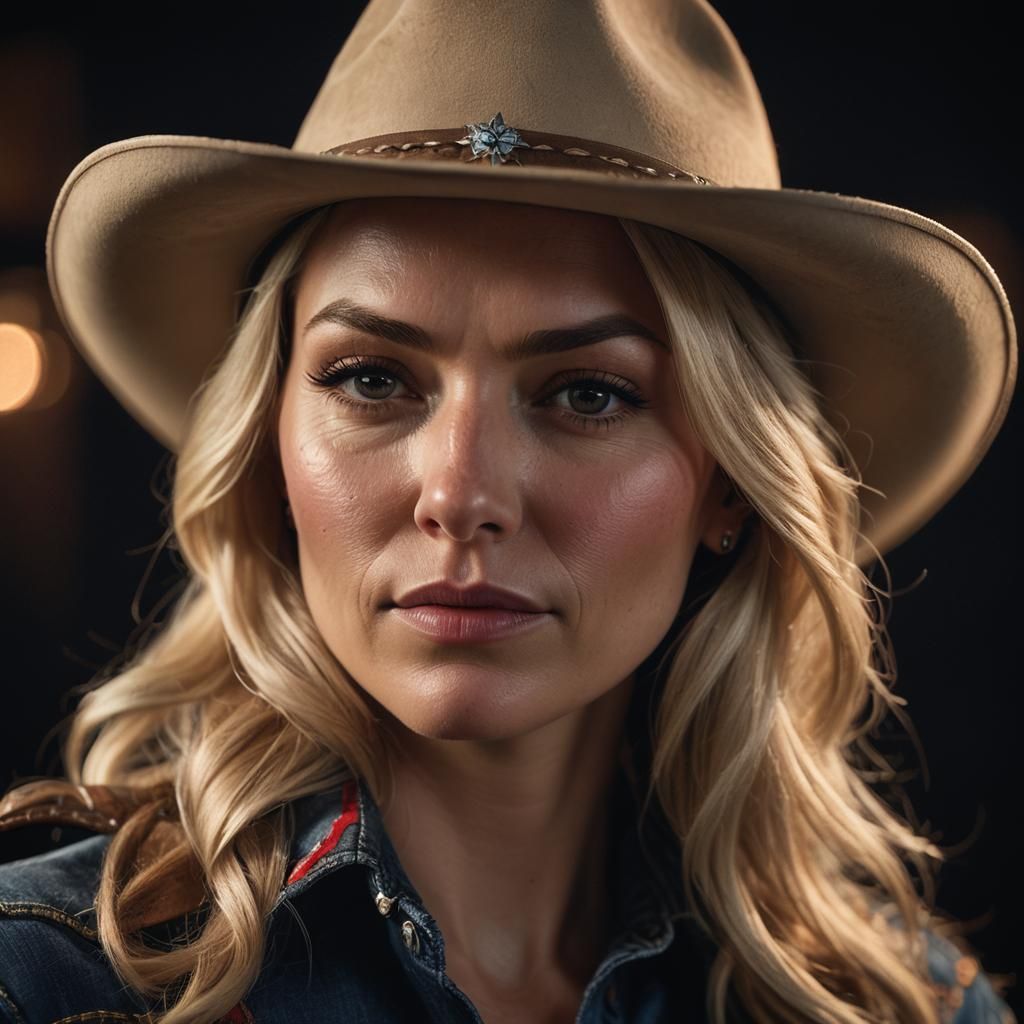 Hyperrealistic portrait of a beautiful blonde woman wearing cowgirl clothing and cowboy hat.