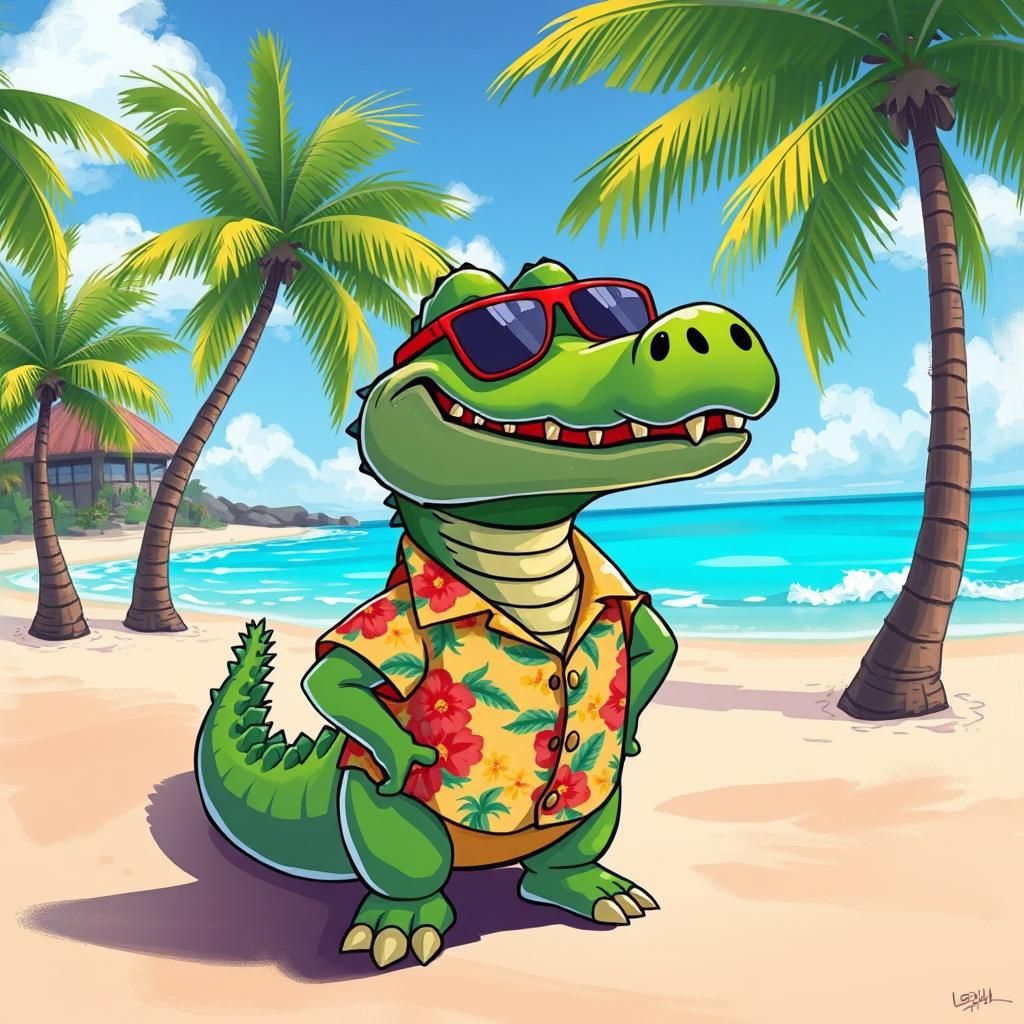 Cartoon Alligator on Tropical Beach in Vibrant Style