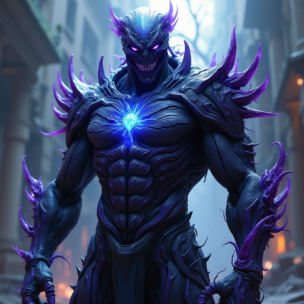 A dynamic, full-body portrait of a **muscular, humanoid villain** with a menacing, alien-like aesthetic. The armor is **dark, iridescent pur...