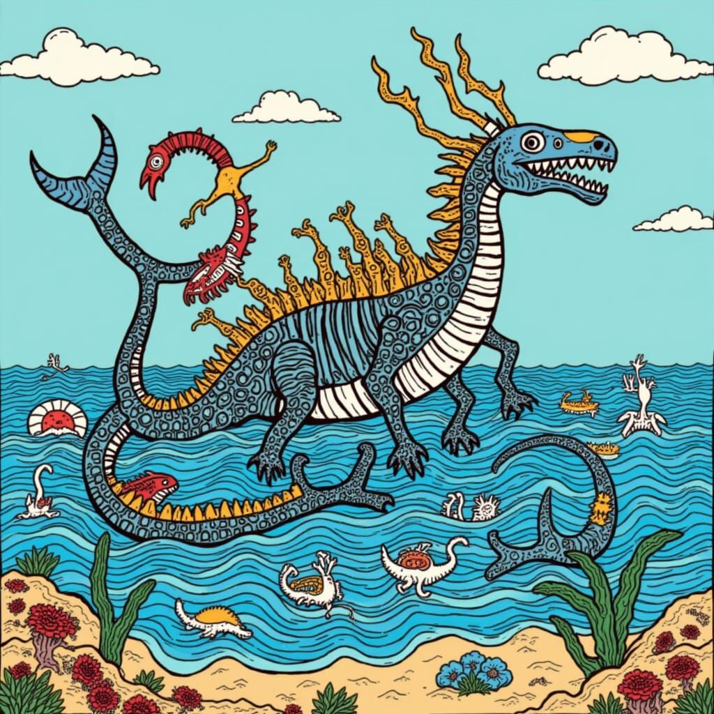 <lora:SQUIGGLE SEA:1.0> People living in a city inside a giant sea monster skeleton