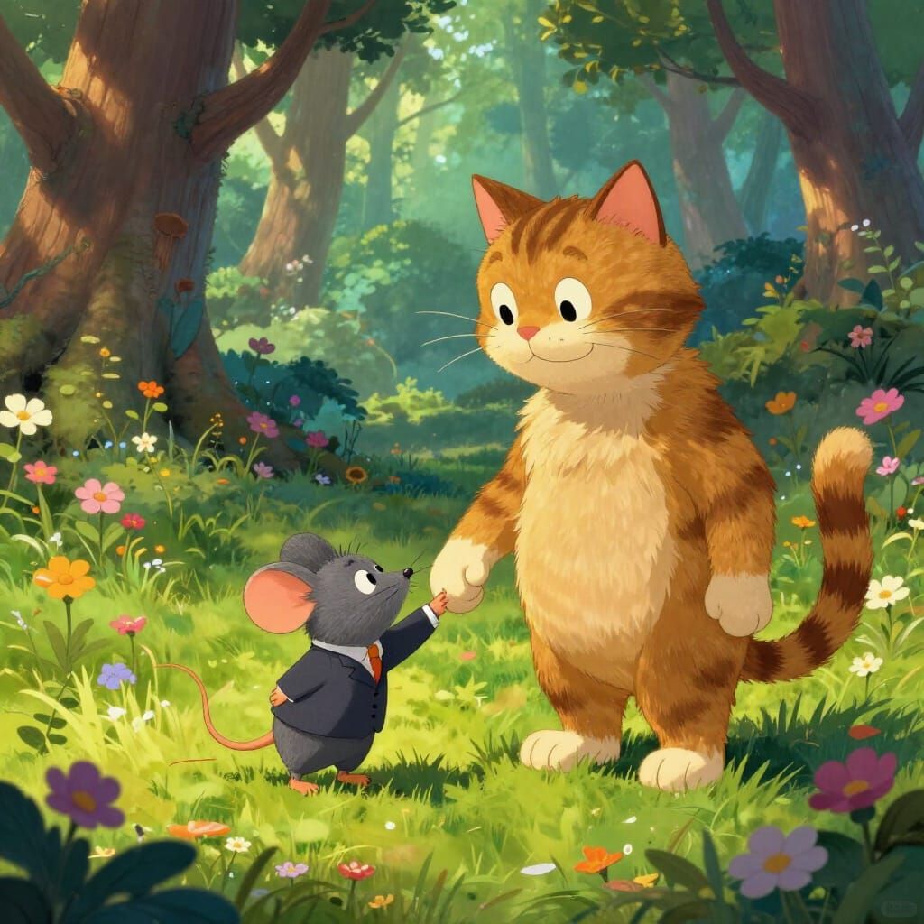 Mouse and Cat Shake Hands in Enchanted Forest